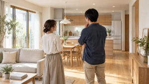 リビングからキッチンを眺めながら見学中に話し合う二人のイメージ
